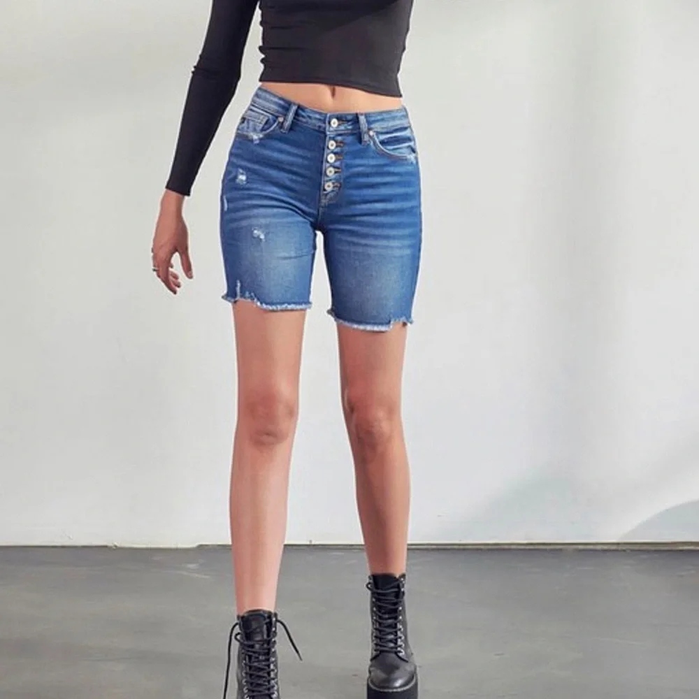 KanCan High Rise Button Fly Frayed Hem Denim Jean Long Shorts Women’s Sizes NWT